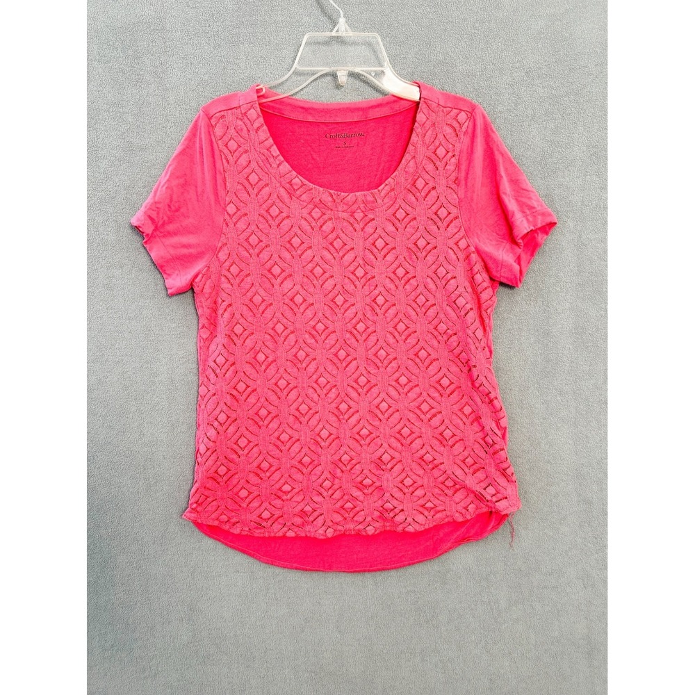 Croft & Barrow Womens Pink Crochet Lace Front Short Sleeve Knit Top Small